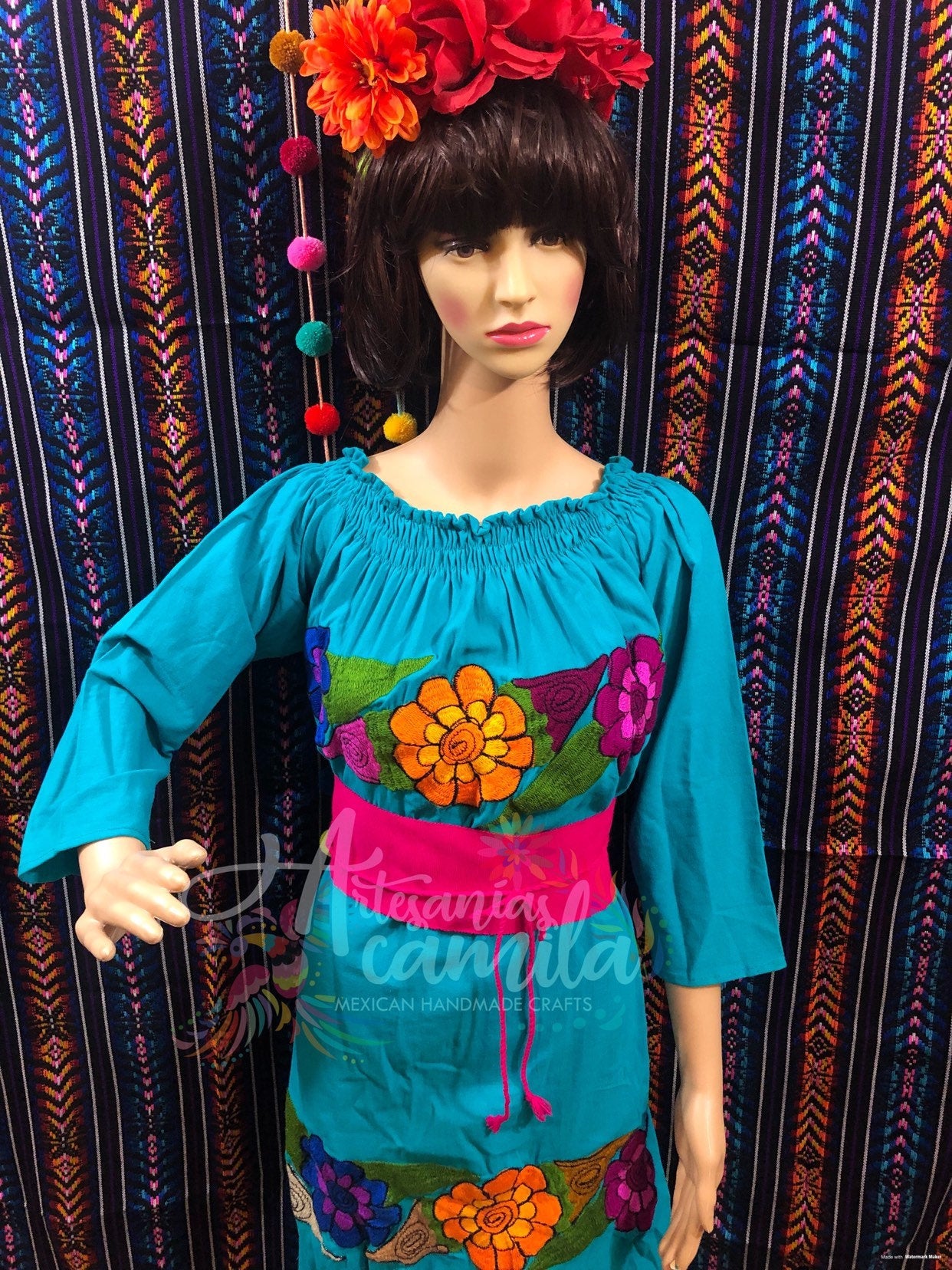 Turquoise S-m Mexican Fiesta Dress, Coco theme Dress, includes belt