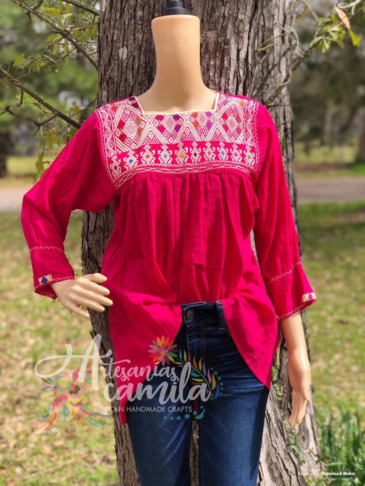 San Andres Mexican Blouse- small- median Embroidery Blouse Hot pink