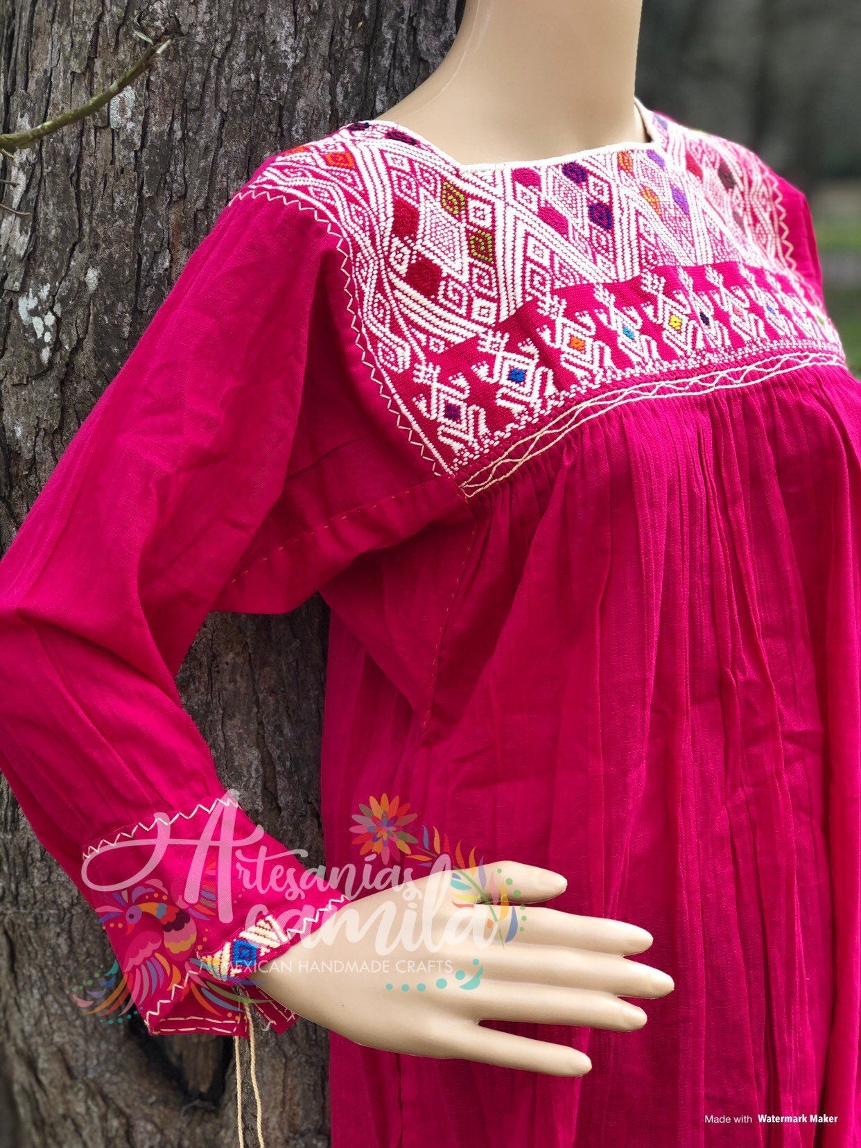 San Andres Mexican Blouse- small- median Embroidery Blouse Hot pink