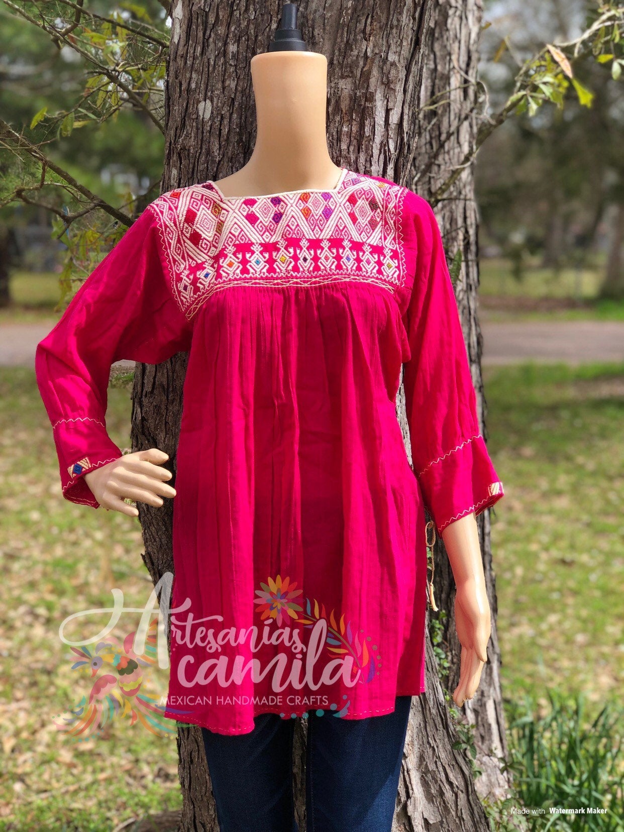 San Andres Mexican Blouse- small- median Embroidery Blouse Hot pink