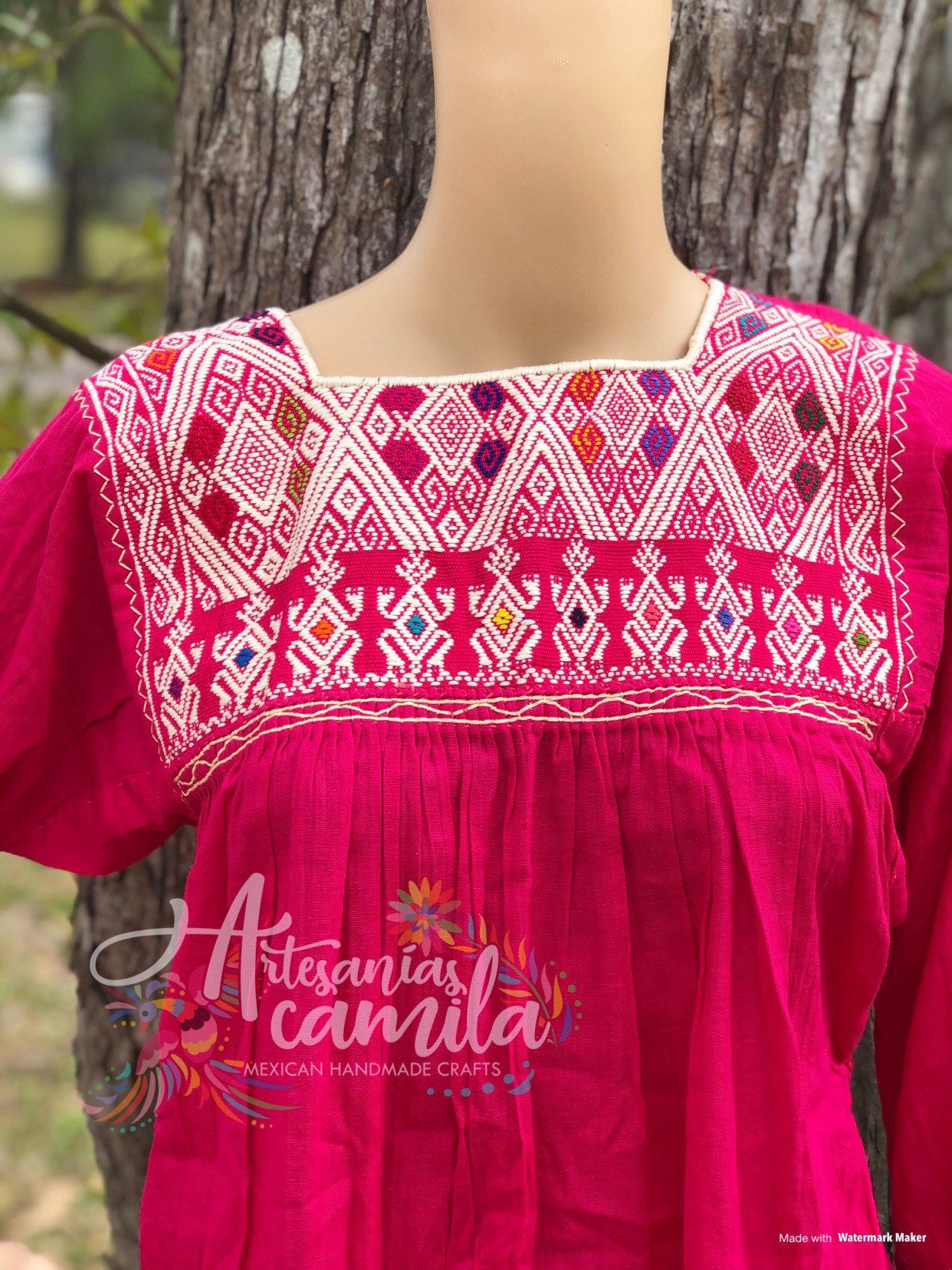 San Andres Mexican Blouse- small- median Embroidery Blouse Hot pink