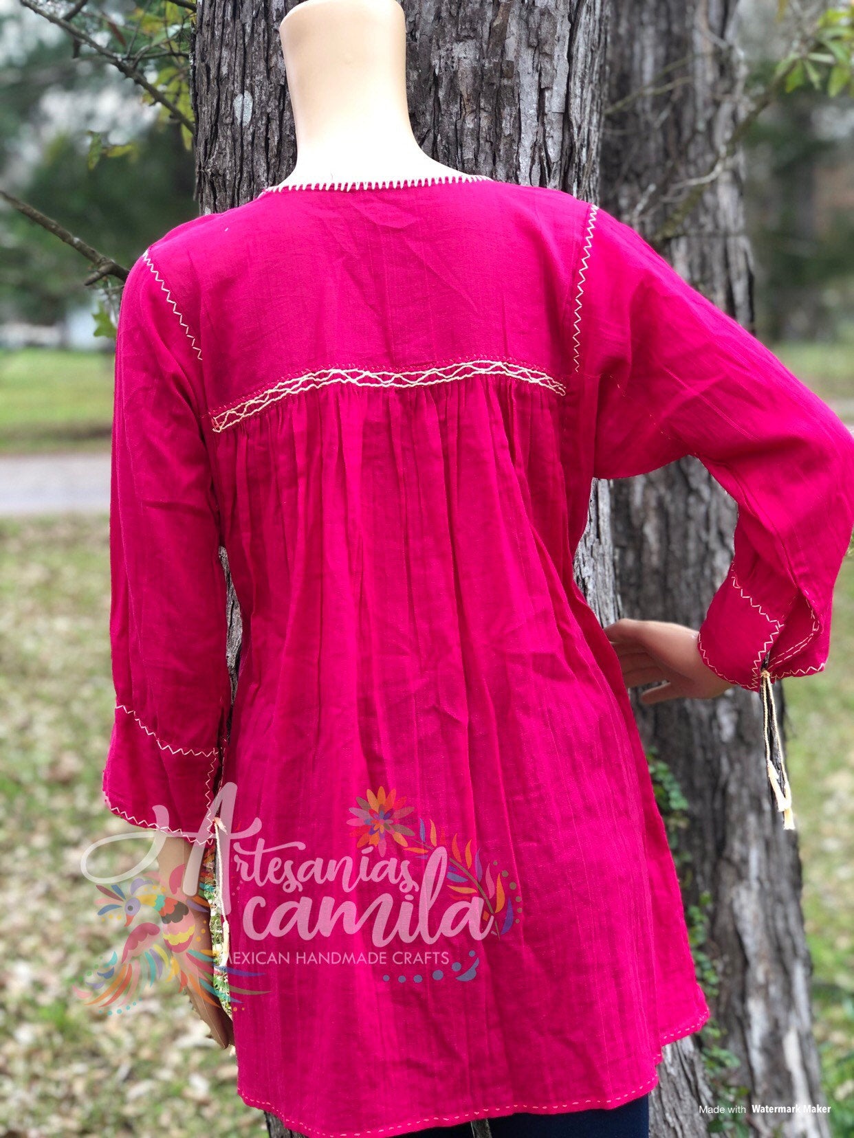 San Andres Mexican Blouse- small- median Embroidery Blouse Hot pink