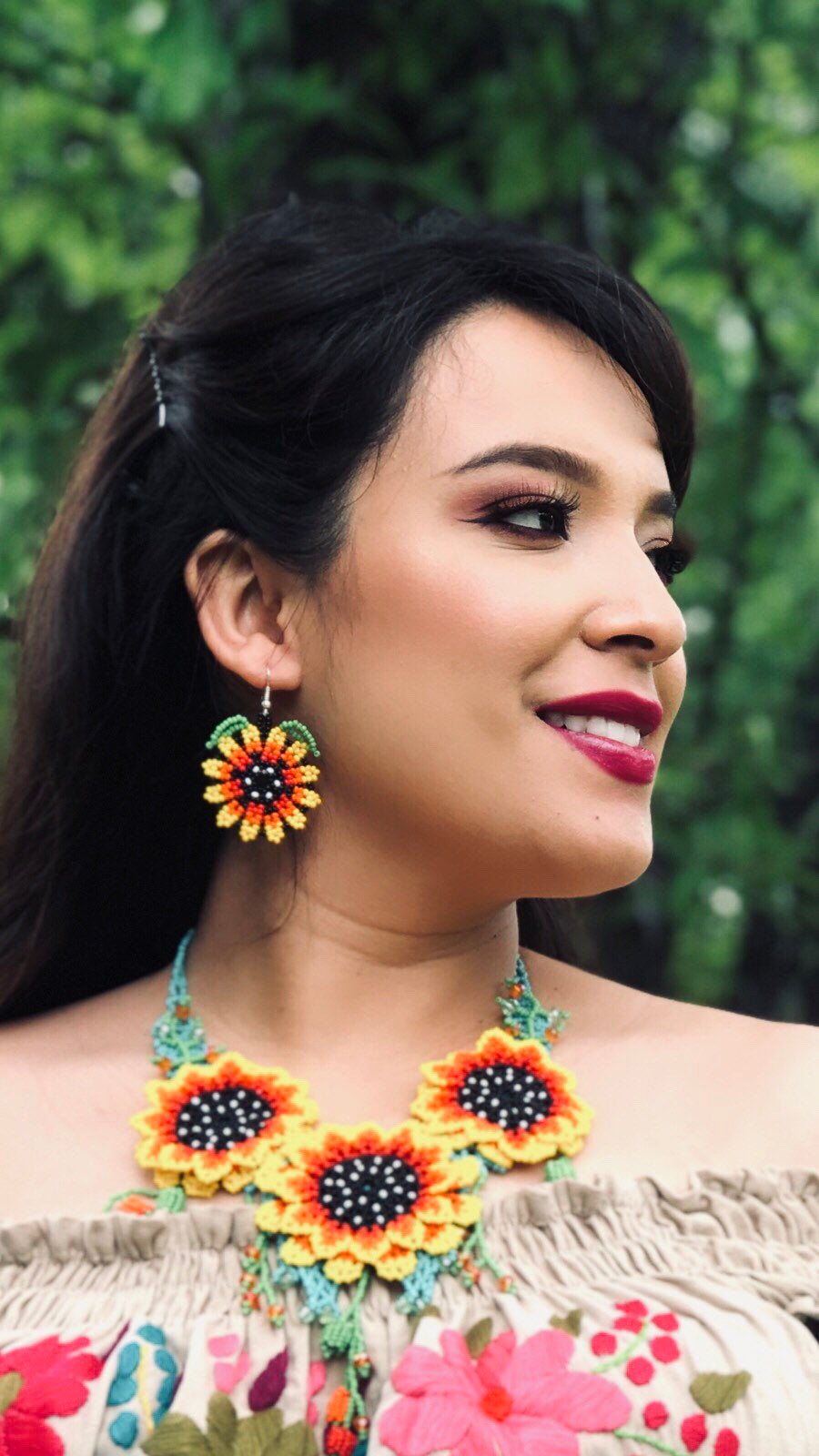Mexican Huichol Jewelry Set- Colorful Floral Jewelry set - Boho hippie style- Collar artesanal
