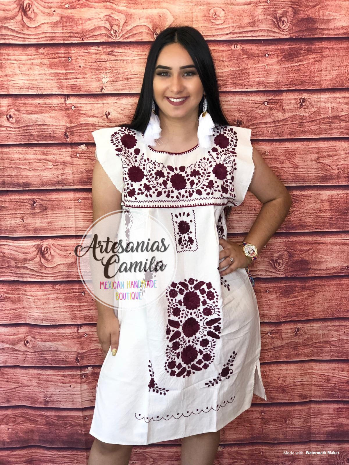 S-M Mexican Hand Embroidery Dress, Vintage Style, Wine Fall Colors S-M Mexican Hand Embroidery Dress, Vintage Style, Wine Fall Colors