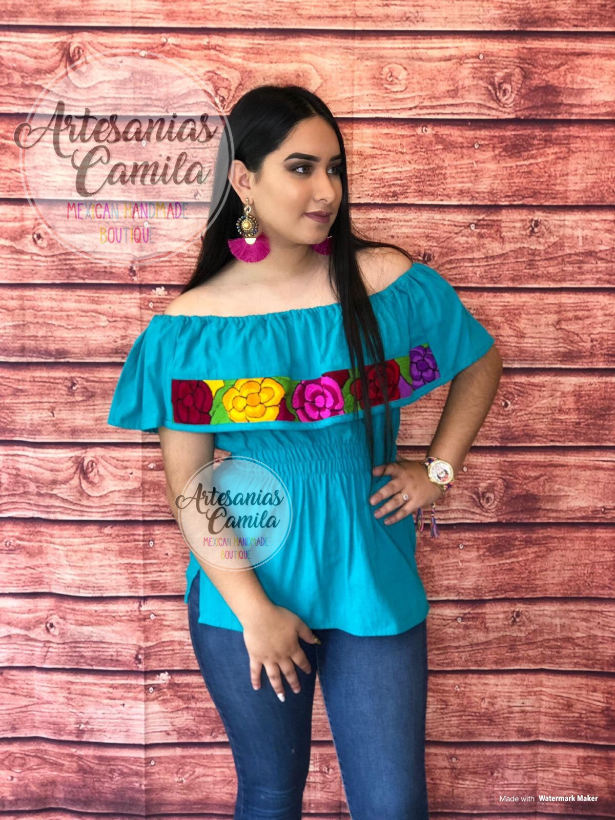 Mexican  Top Off the shoulders Campesina Blouse XS-M - Floral Off the shoulders blouse- Cinco de mayo fiesta blouse-