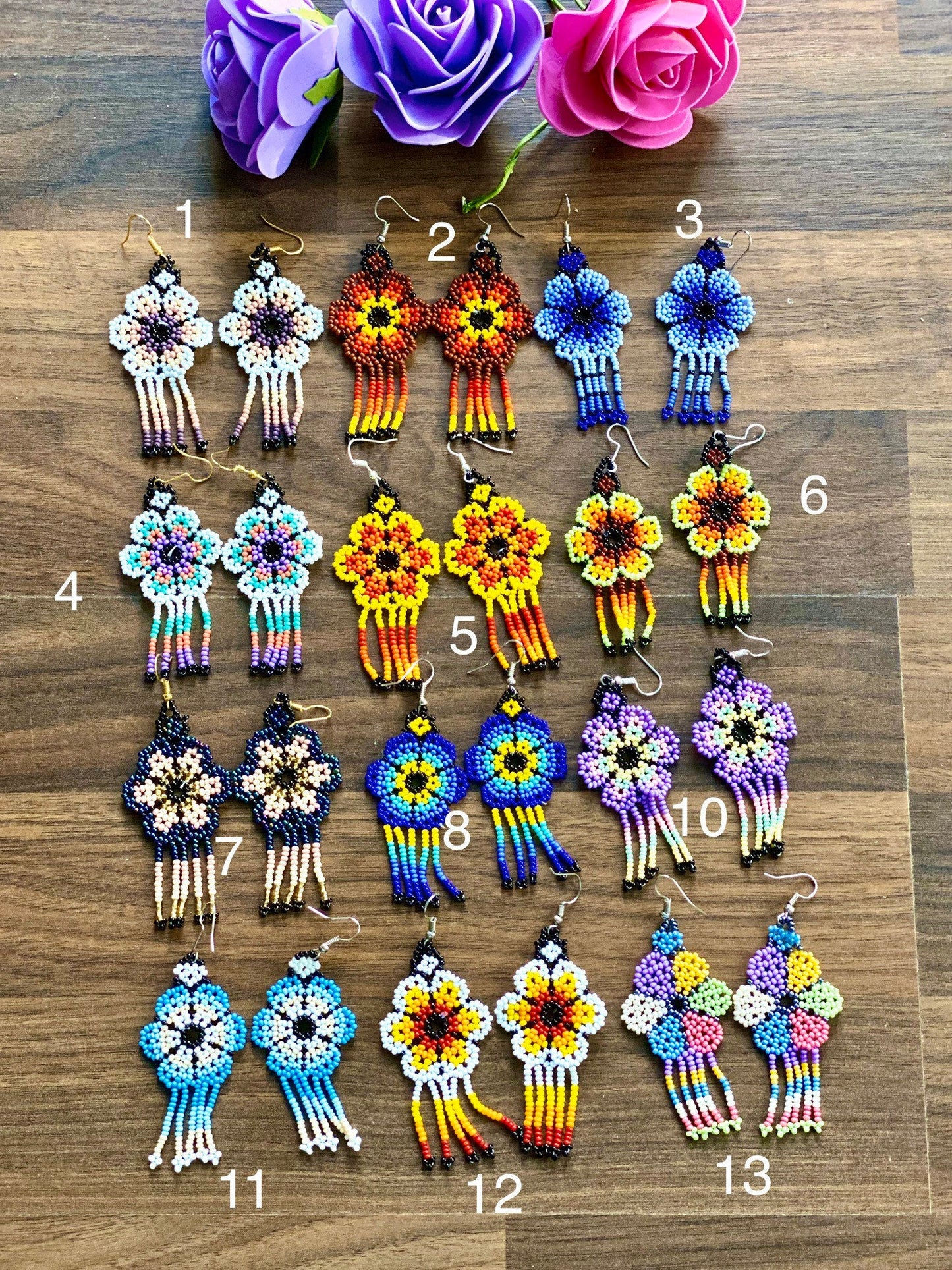 Mexican Huichol Earrings- Floral Boho Style Earrings