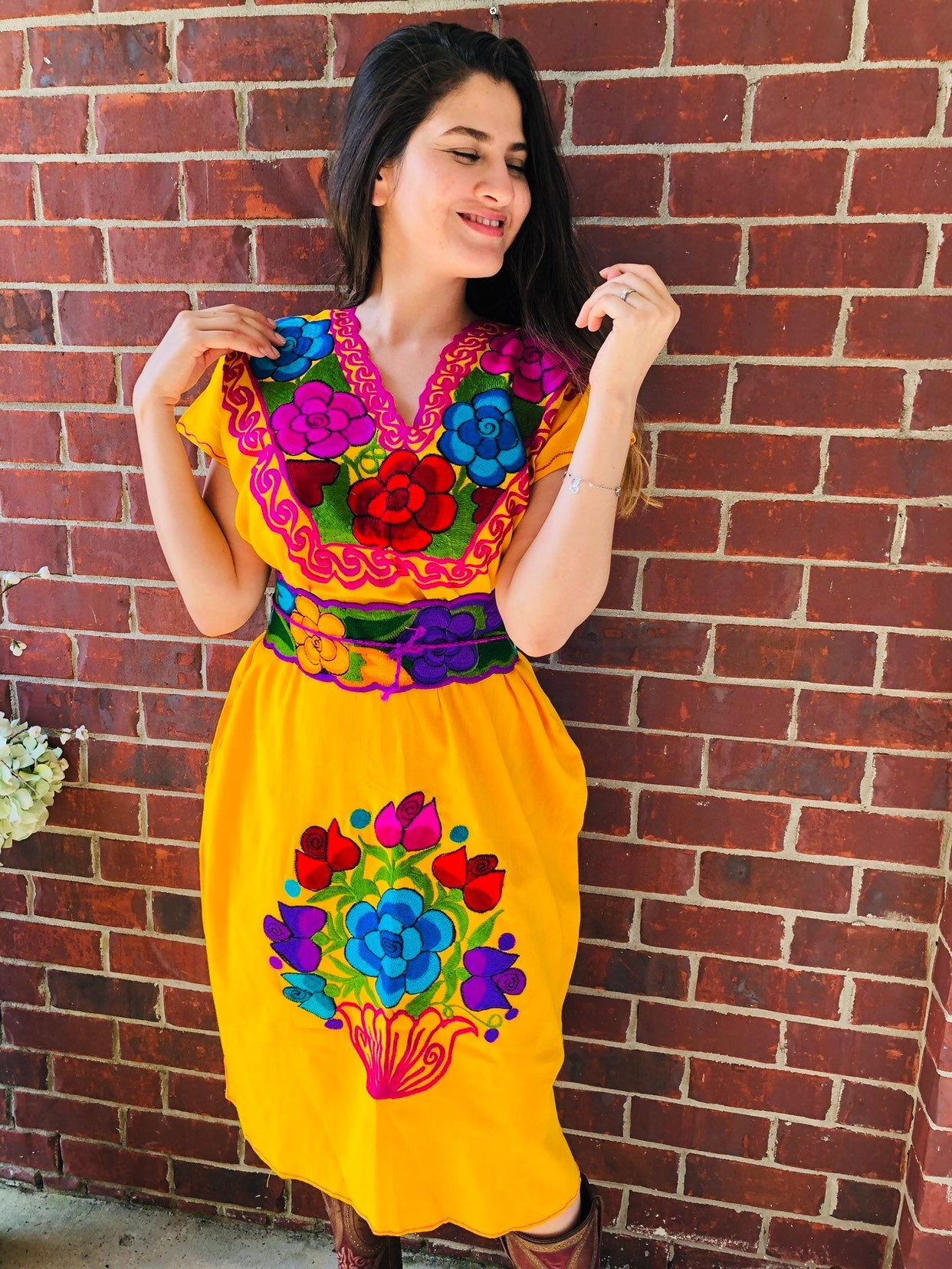 Mexican Floral Embroidered Dress- S-2x - Fiesta Floral Dress- Boho Frida style - Includes Floral Belt - Freeshipping