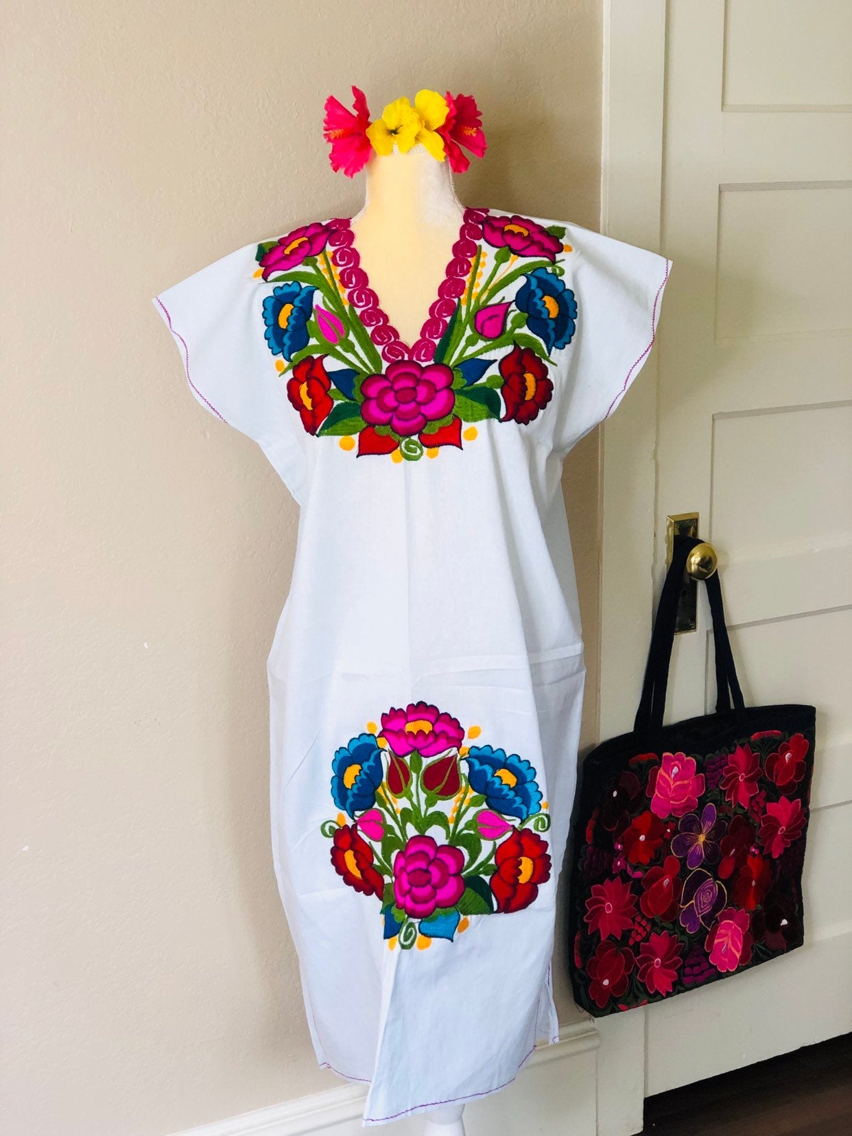 Mexican Floral Embroidered Dress- S-2x - Fiesta Floral Dress- Boho Frida style - Includes Floral Belt - Freeshipping