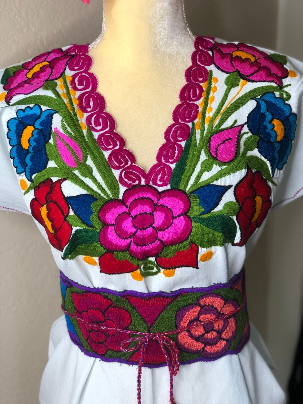 Mexican Floral Embroidered Dress- S-2x - Fiesta Floral Dress- Boho Frida style - Includes Floral Belt - Freeshipping