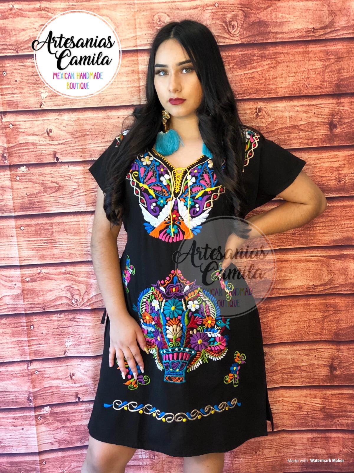 Mexican Kimono Dress- Embroidery Floral Dress- Fiesta Dress Small- Median