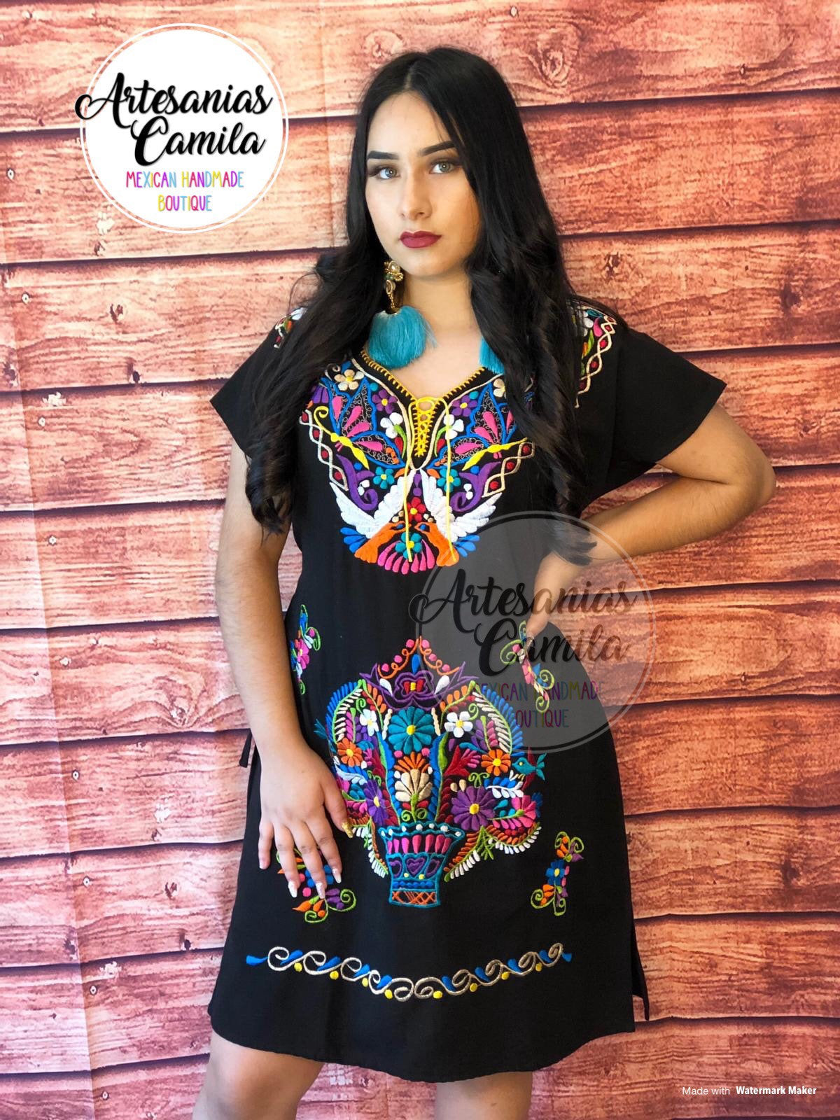 Mexican Kimono Dress- Embroidery Floral Dress- Fiesta Dress Small- Median