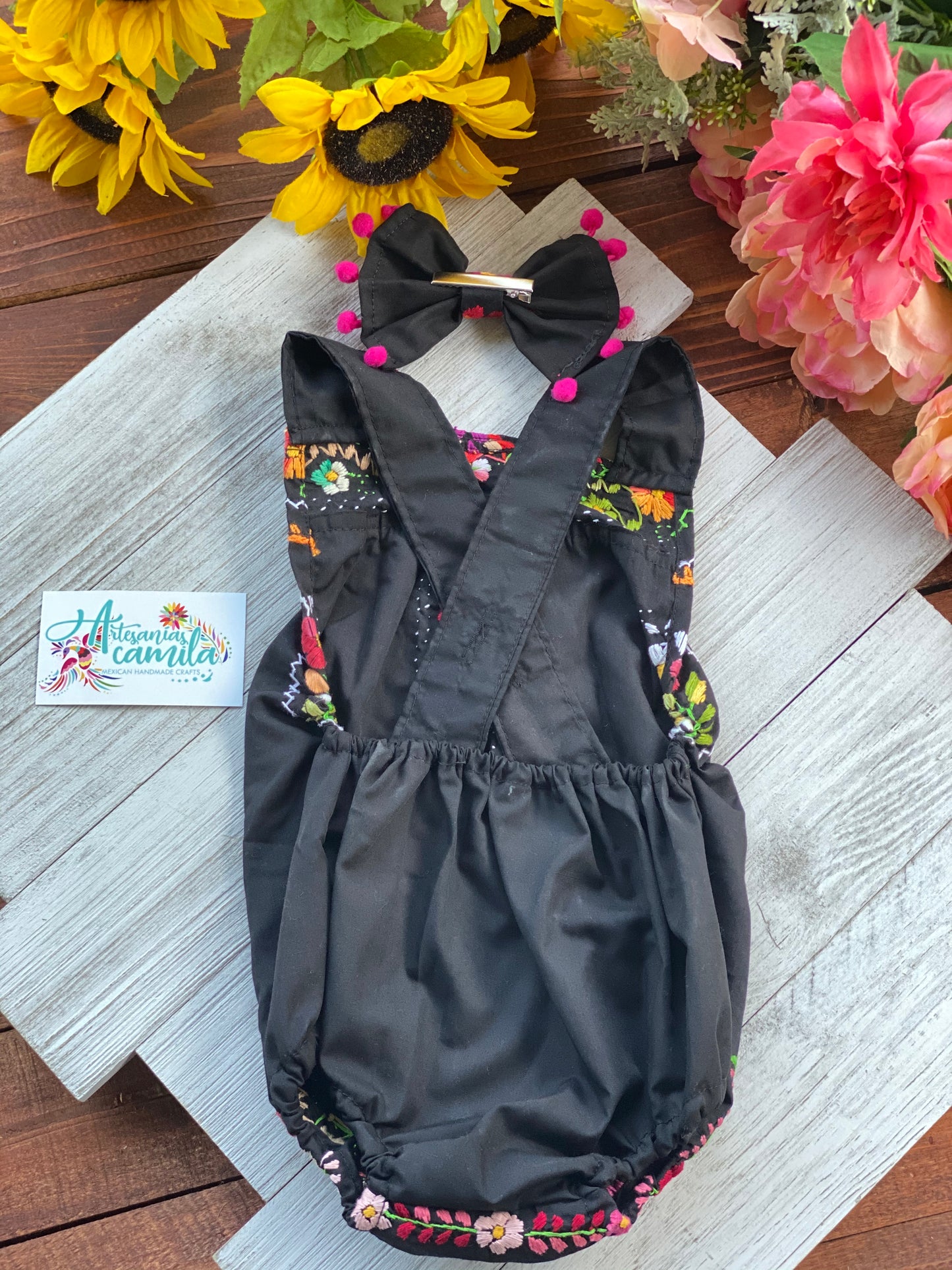 Black Floral Romper/ Baby Bloomers