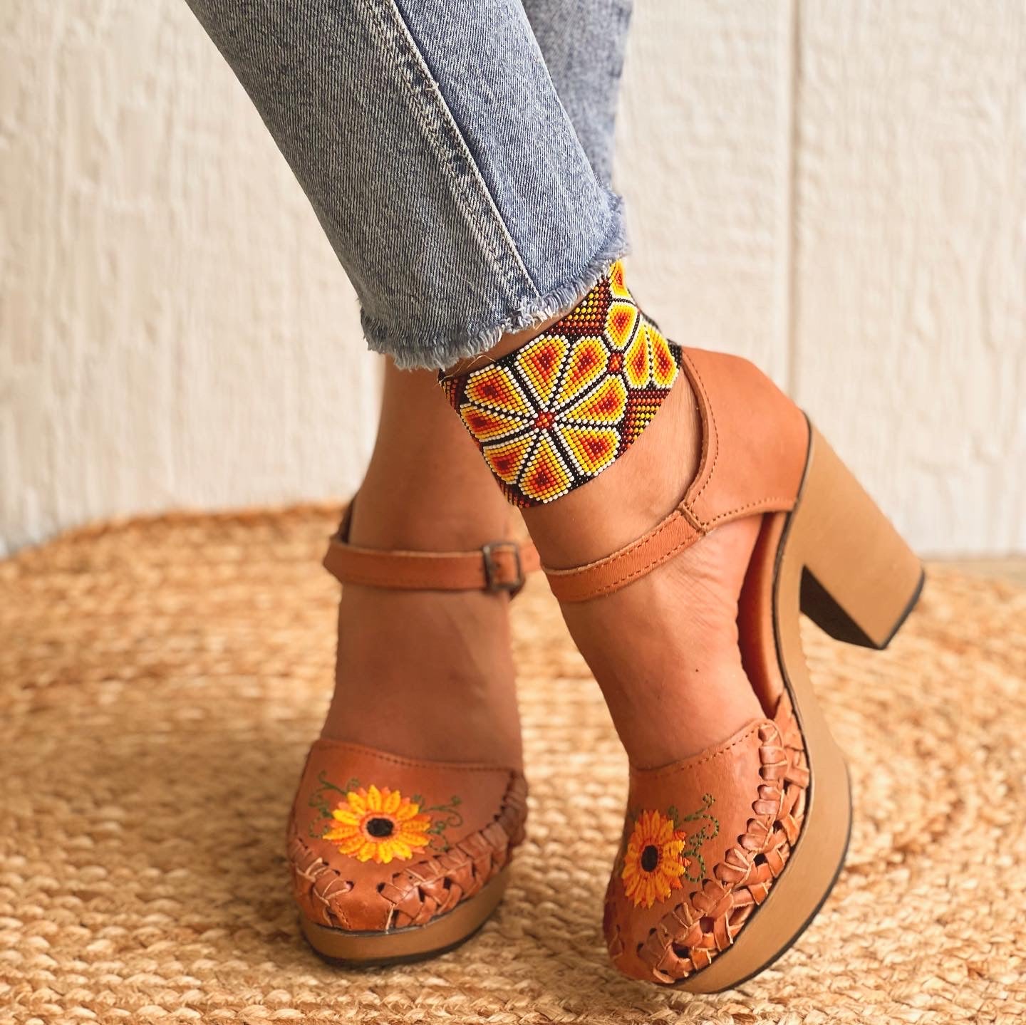 Sunflower embroidery heels