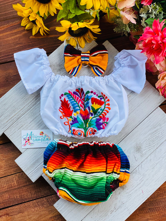 Serape White Floral Romper/ Baby Bloomers