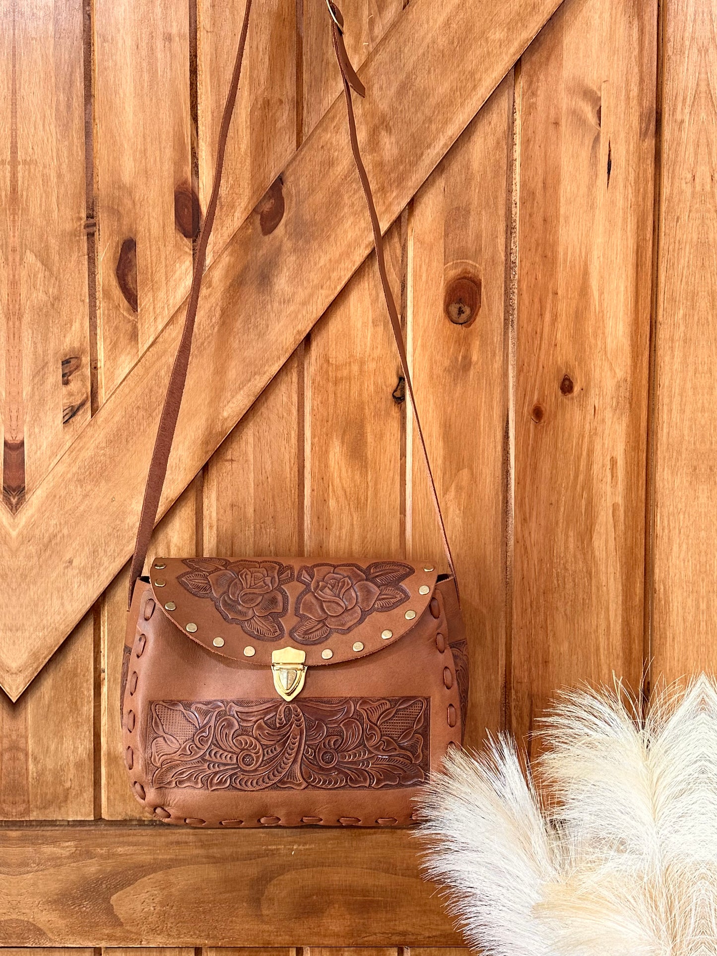 Tooled Leather Crossbody Bag Cognac