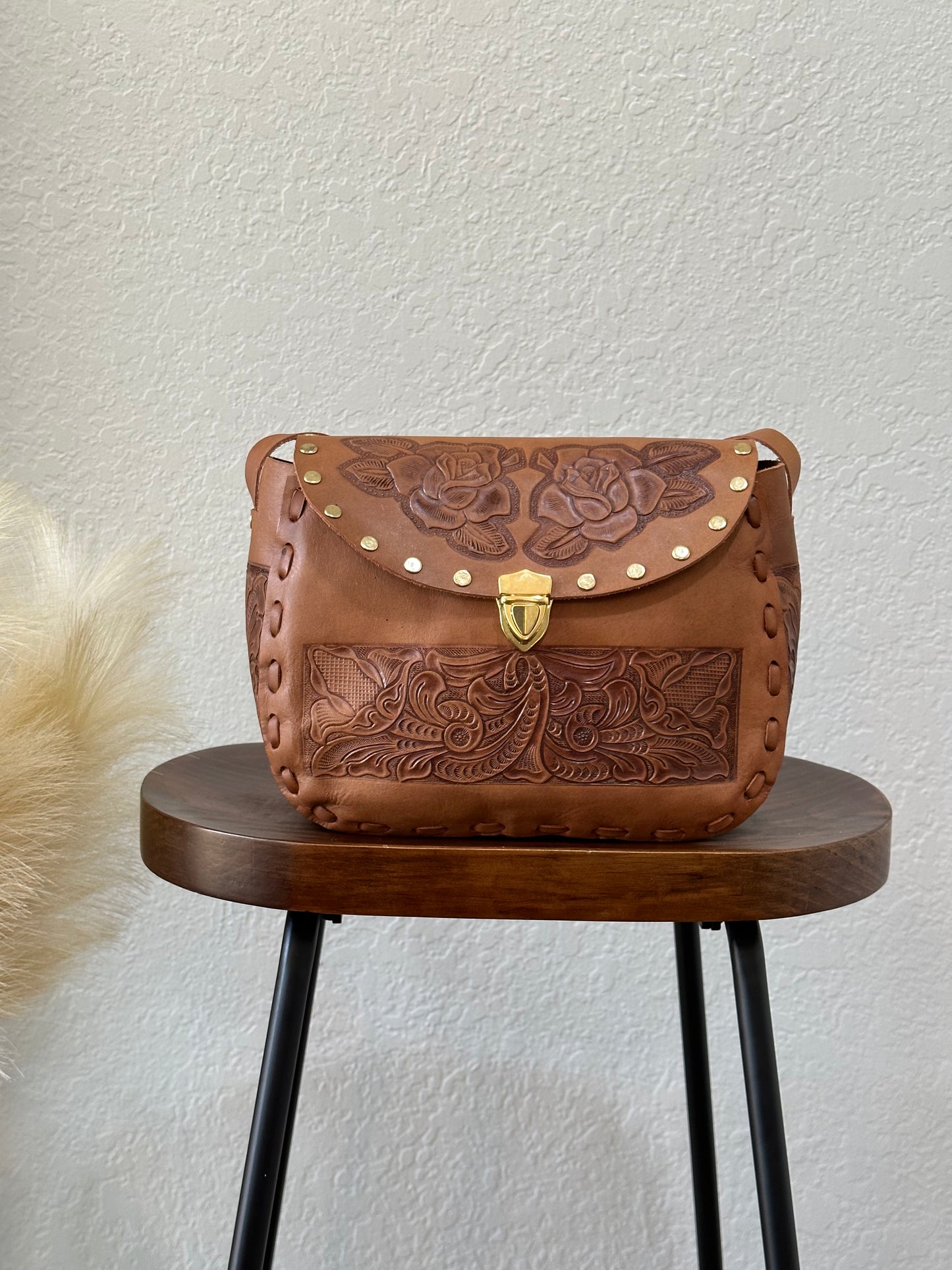 Tooled Leather Crossbody Bag Cognac