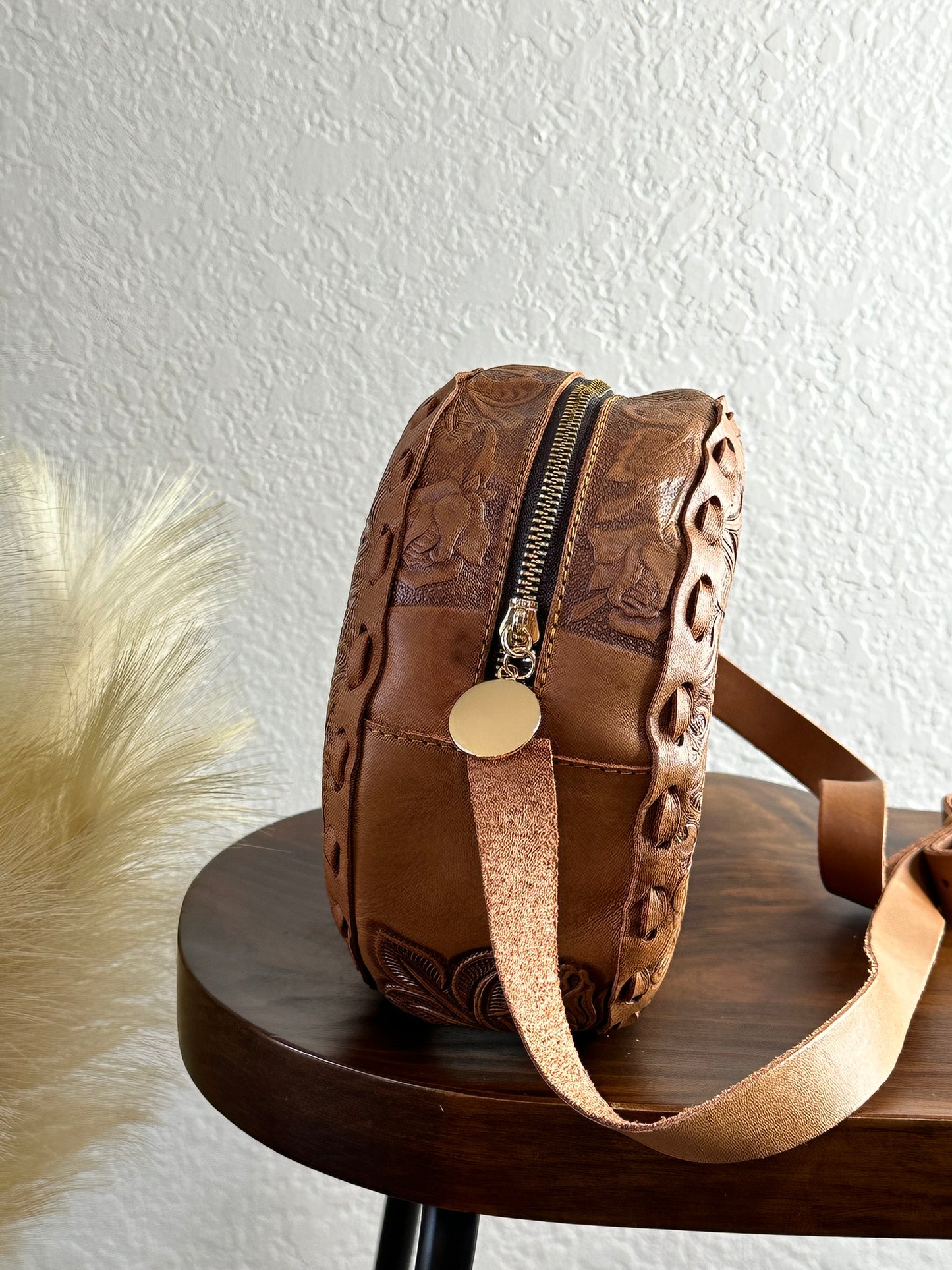 Tooled Cognac Leather Crossbody Bag