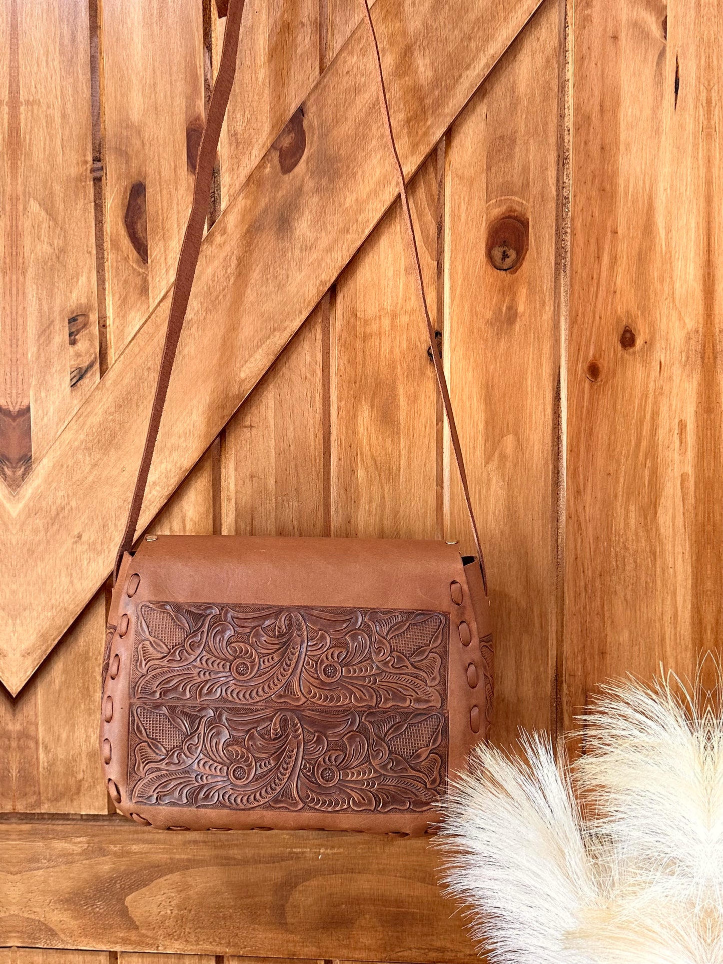 Tooled Leather Crossbody Bag Cognac