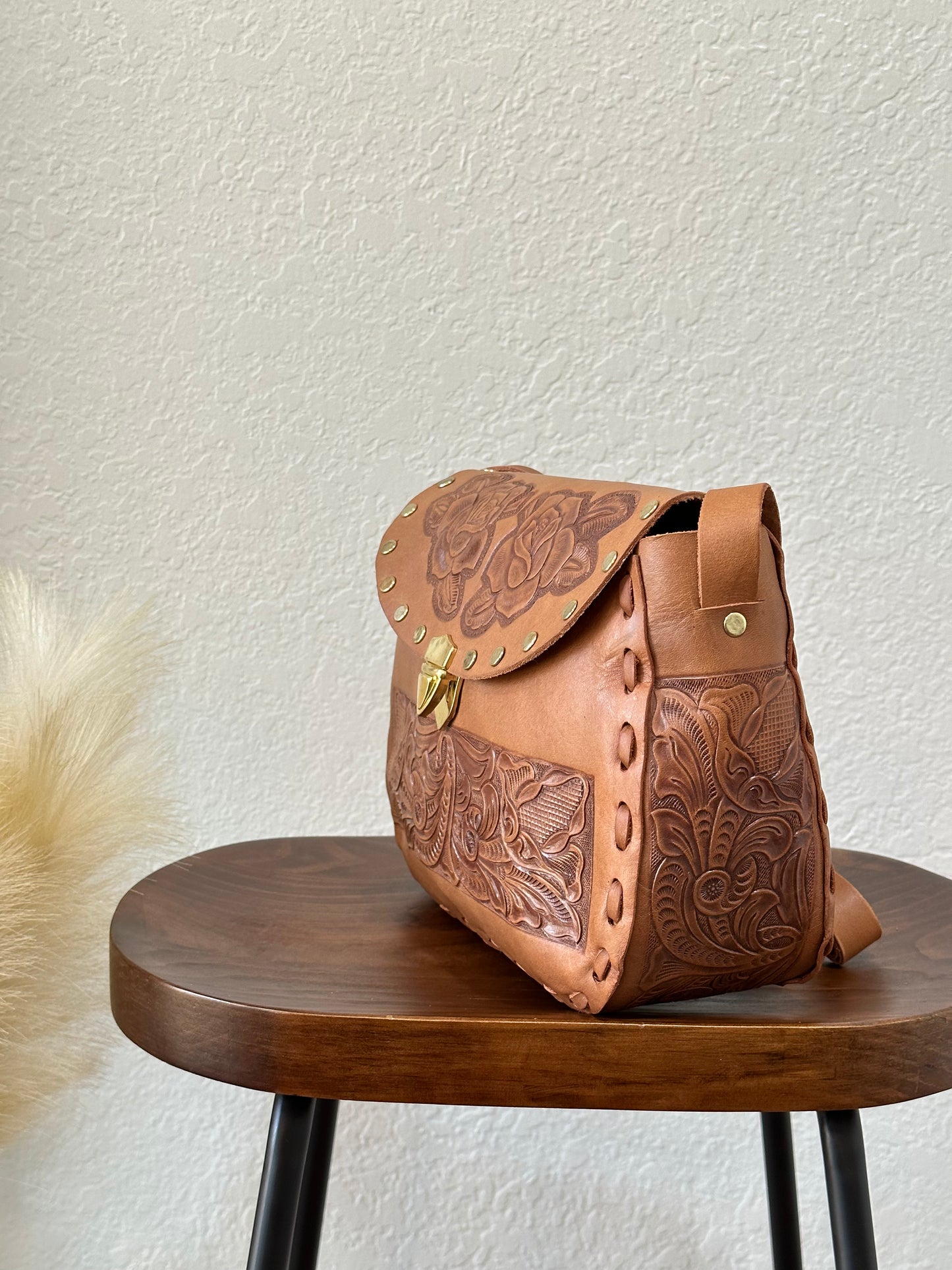 Tooled Leather Crossbody Bag Cognac