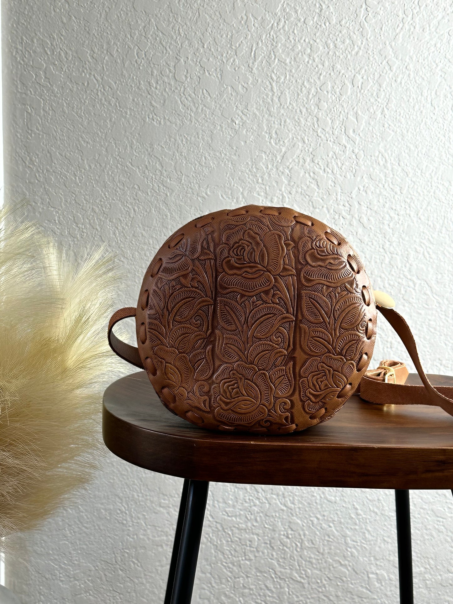 Tooled Cognac Leather Crossbody Bag