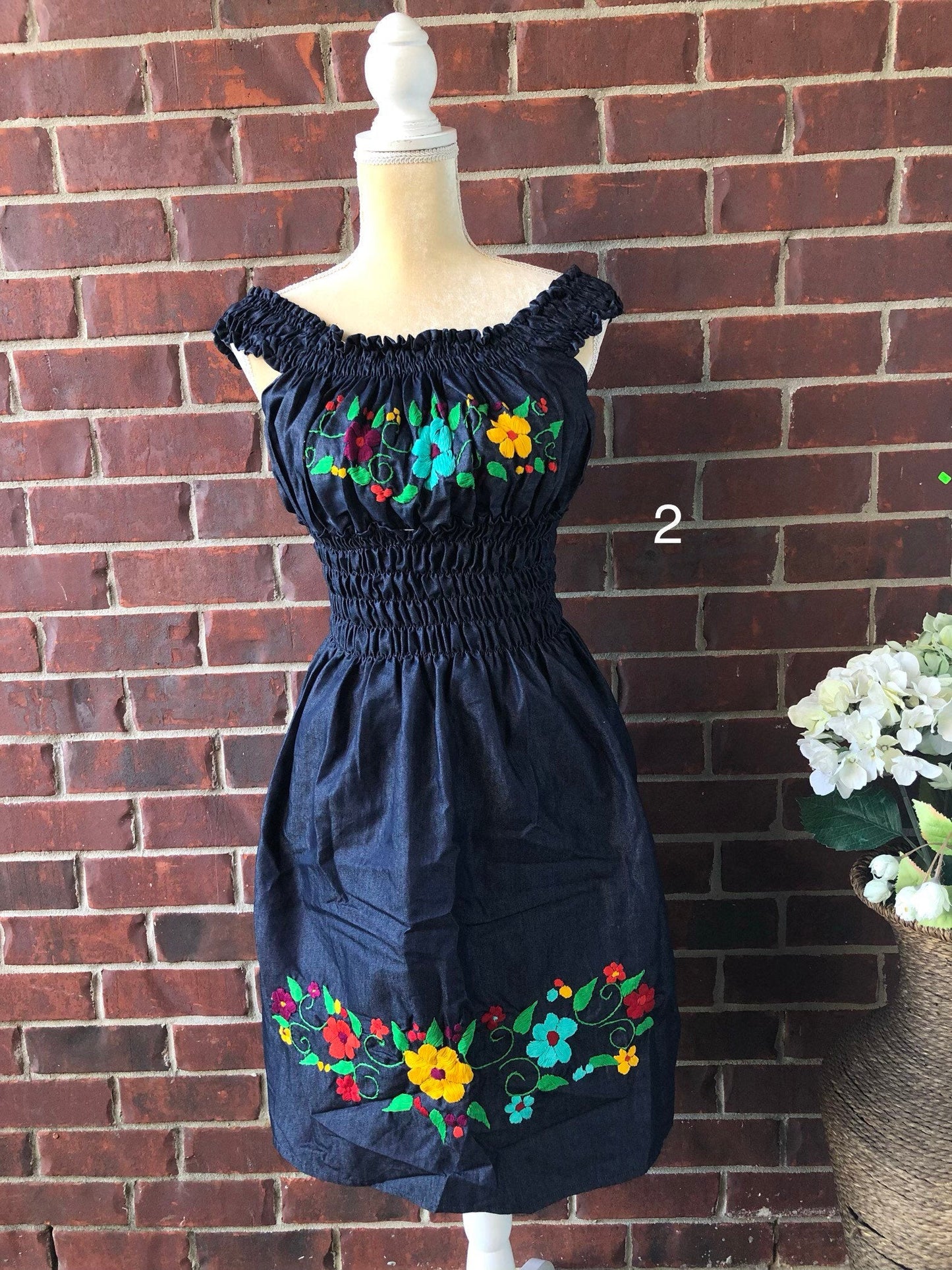Mexican Denim Dress, Small- Median- Hand Embroidery Dress, Fiesta Dress