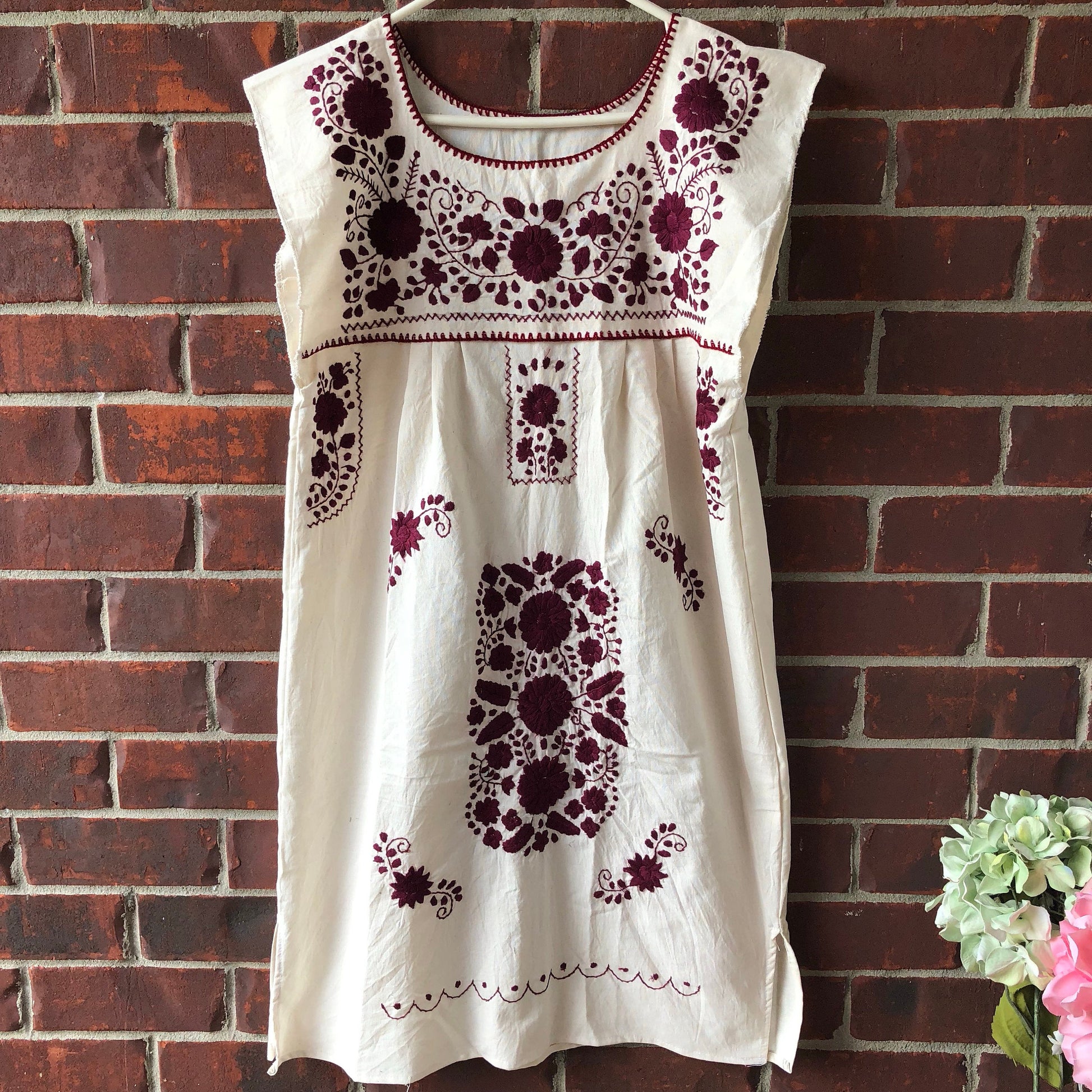 S-M Mexican Hand Embroidery Dress, Vintage Style, Wine Fall Colors Artesanias Camila S-M Mexican Hand Embroidery Dress, Vintage Style, Wine Fall Colors Artesanias Camila