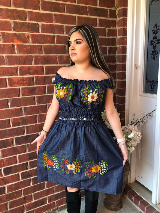 Mexican Denim Dress, Small- Median- Hand Embroidery Dress, Fiesta Dress