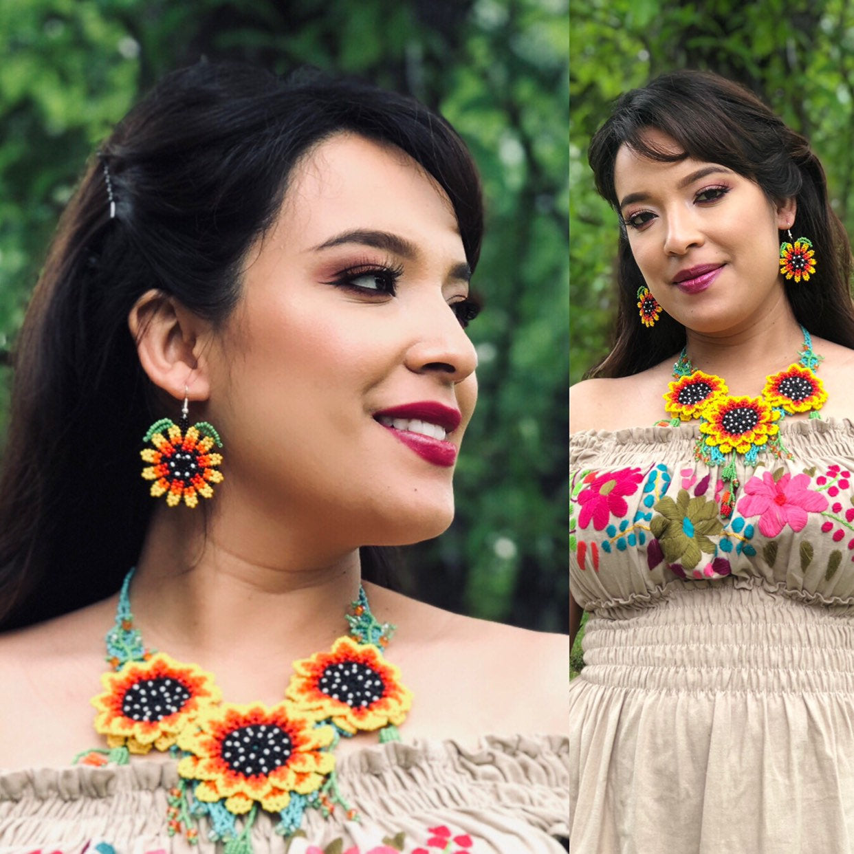 Mexican Huichol Jewelry Set- Colorful Floral Jewelry set - Boho hippie style- Collar artesanal