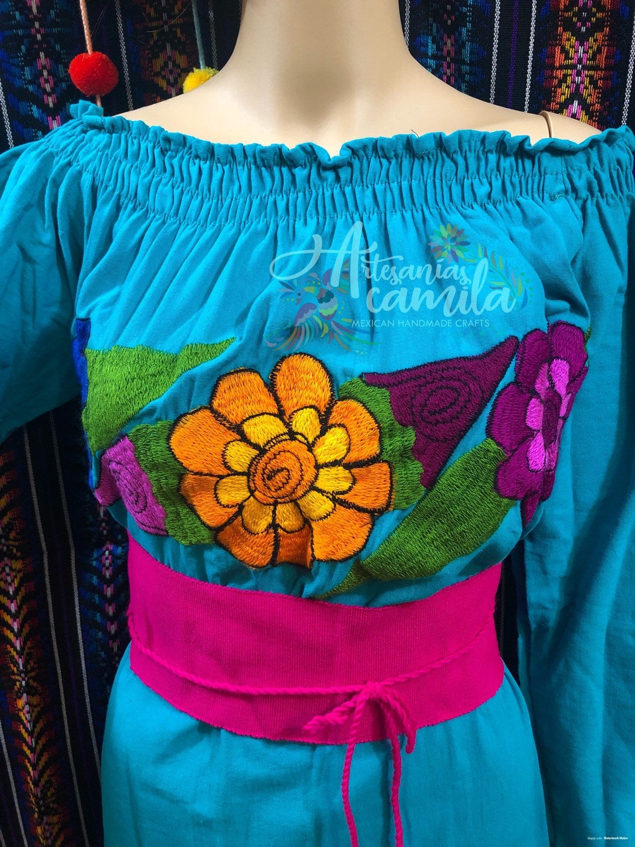 Turquoise S-m Mexican Fiesta Dress, Coco theme Dress, includes belt Turquoise S-m Mexican Fiesta Dress, Coco theme Dress, includes belt