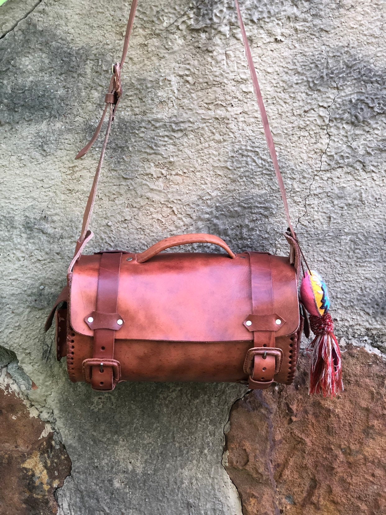 Mexican Tooled Leather Crossbody Bag- Includes Tassel- Large size