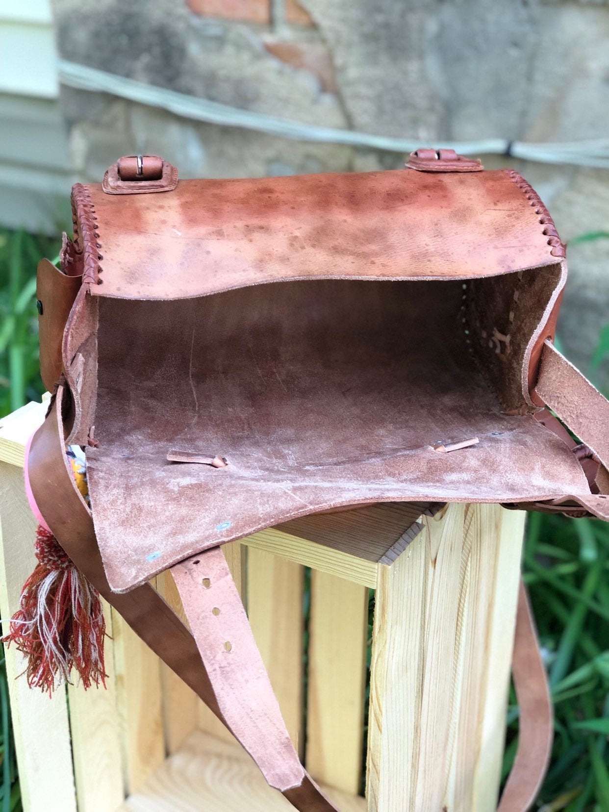 Mexican Tooled Leather Crossbody Bag- Includes Tassel- Large size