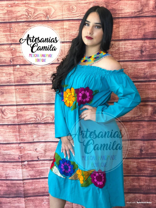 Turquoise S-m Mexican Fiesta Dress, Coco theme Dress, includes belt