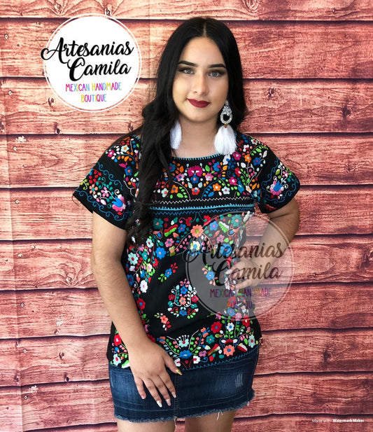Small Mexican Rococo Embroidery Top, Fiesta Blouse Small, Hand Embroidery blouse