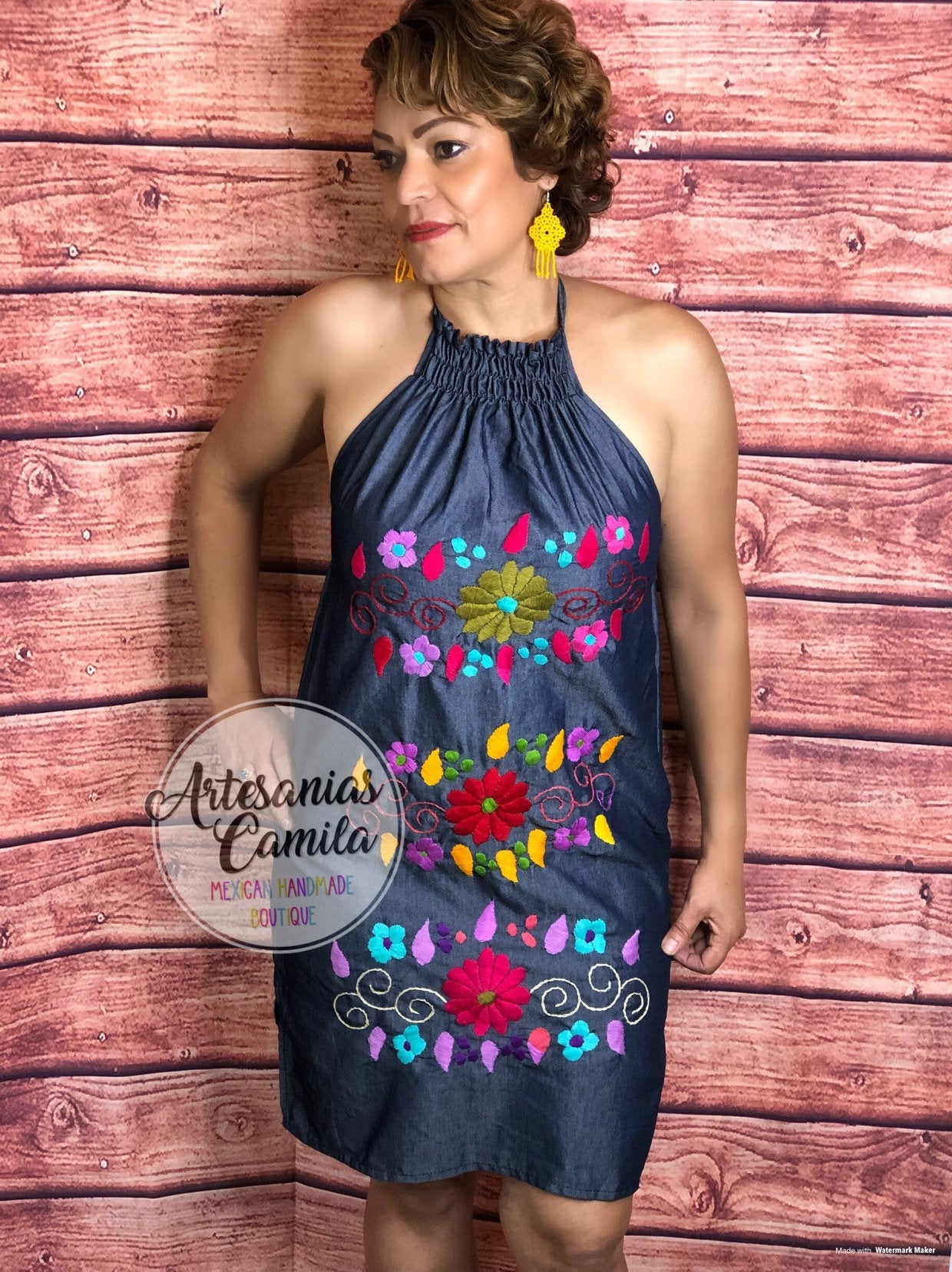 Mexican Hand Embroidery Dress- One size Small- median Fiesta Dress - Jean Mexican Dress