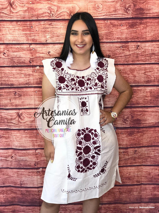 S-M Mexican Hand Embroidery Dress, Vintage Style, Wine Fall Colors