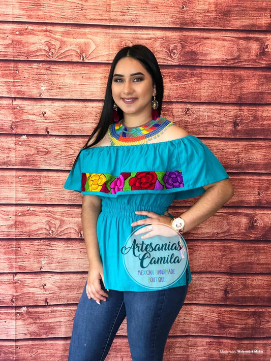 Mexican  Top Off the shoulders Campesina Blouse XS-M - Floral Off the shoulders blouse- Cinco de mayo fiesta blouse-