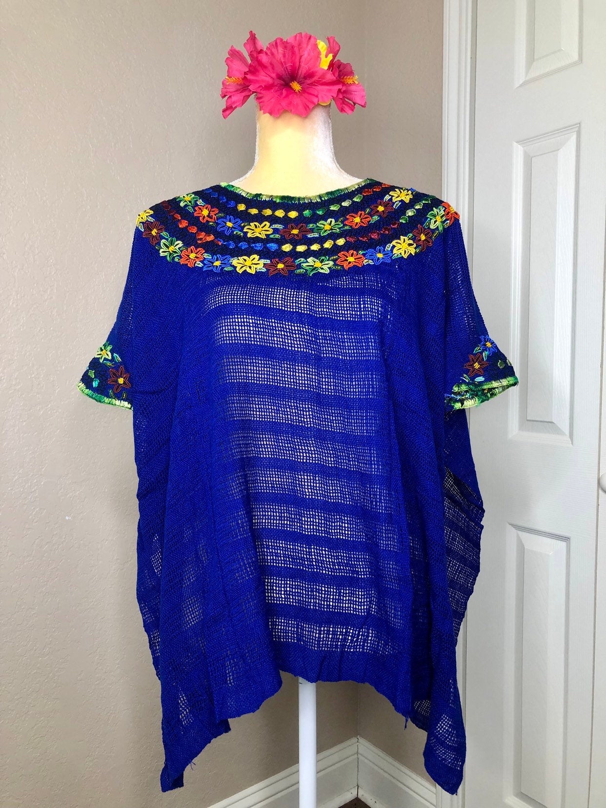 Handwoven Mexican Embroidery Huipil, Embroidere Blue Cape