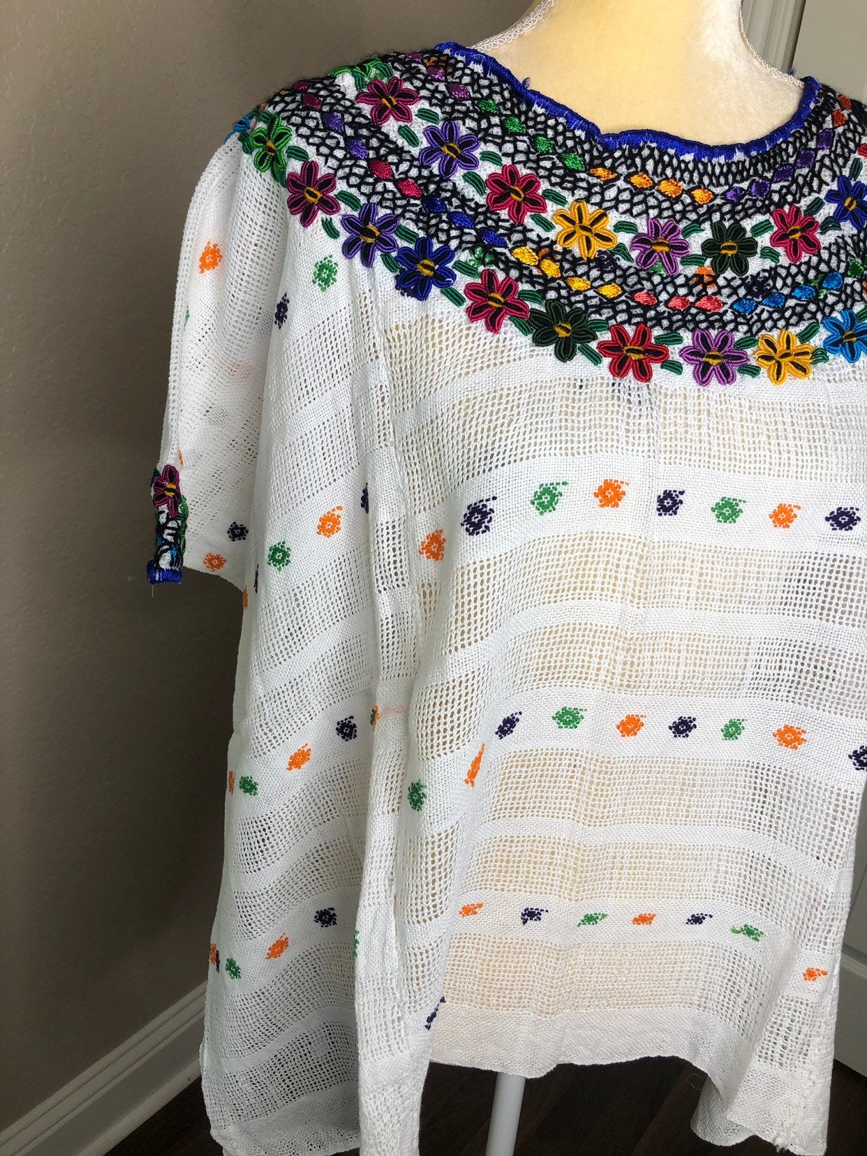 Handwoven Mexican Embroidery Huipil, White Embroidered Cape