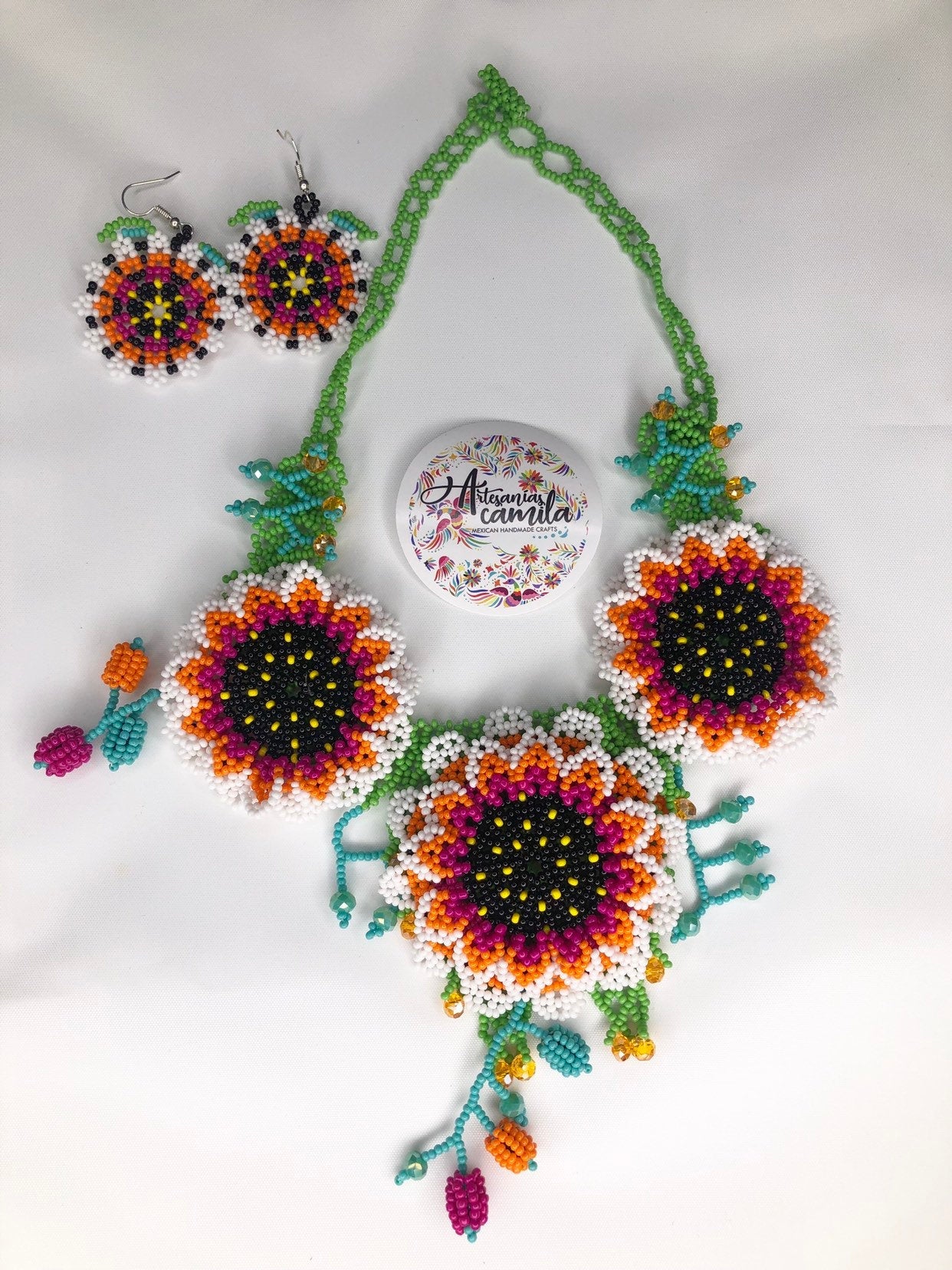 Mexican Huichol Jewelry Set- Colorful Floral Jewelry set - Boho hippie style- Collar artesanal