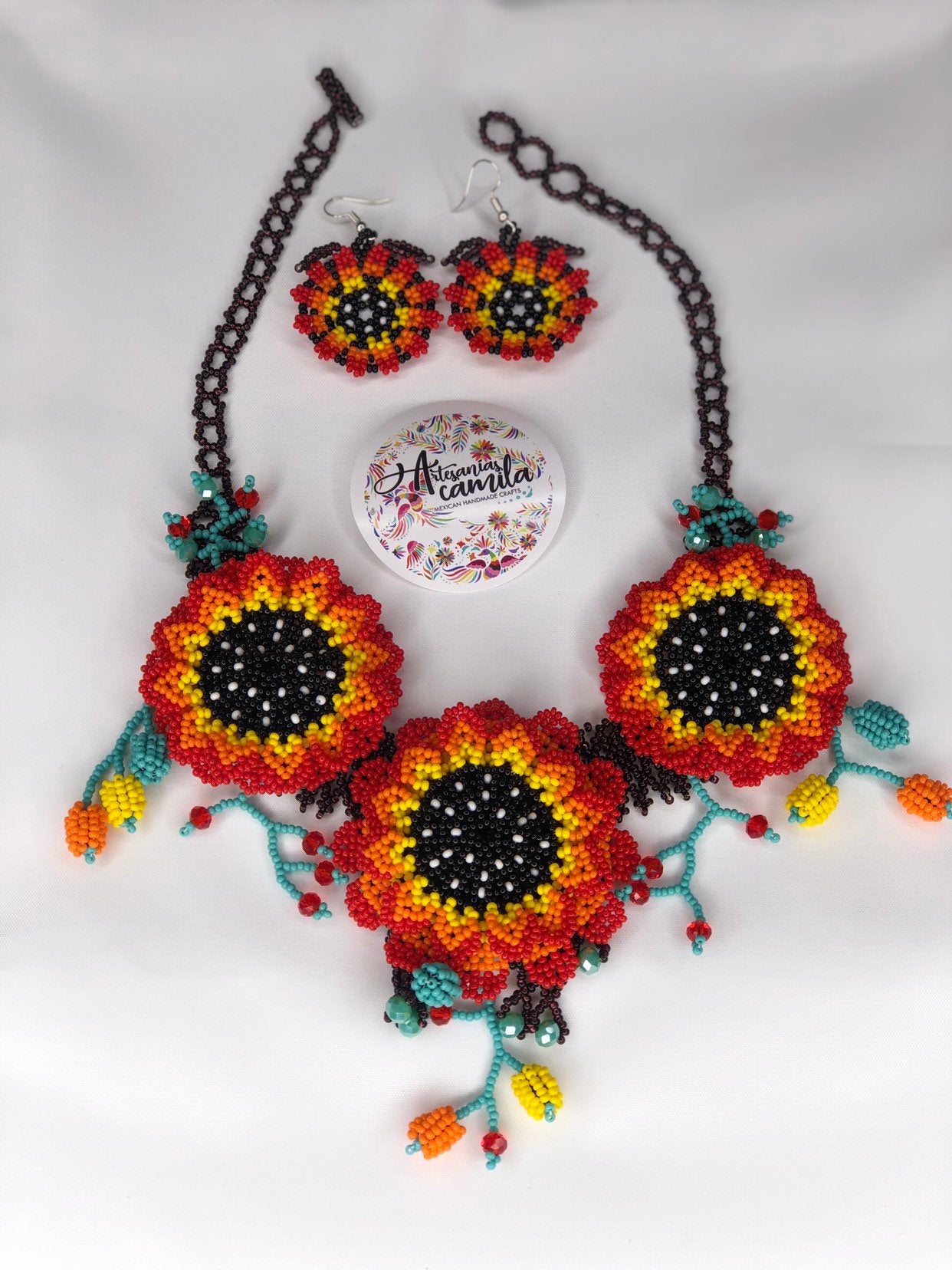 Mexican Huichol Jewelry Set- Colorful Floral Jewelry set - Boho hippie style- Collar artesanal