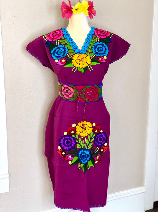 Mexican Floral Embroidered Dress- S-2x - Fiesta Floral Dress- Boho Frida style - Includes Floral Belt - Freeshipping