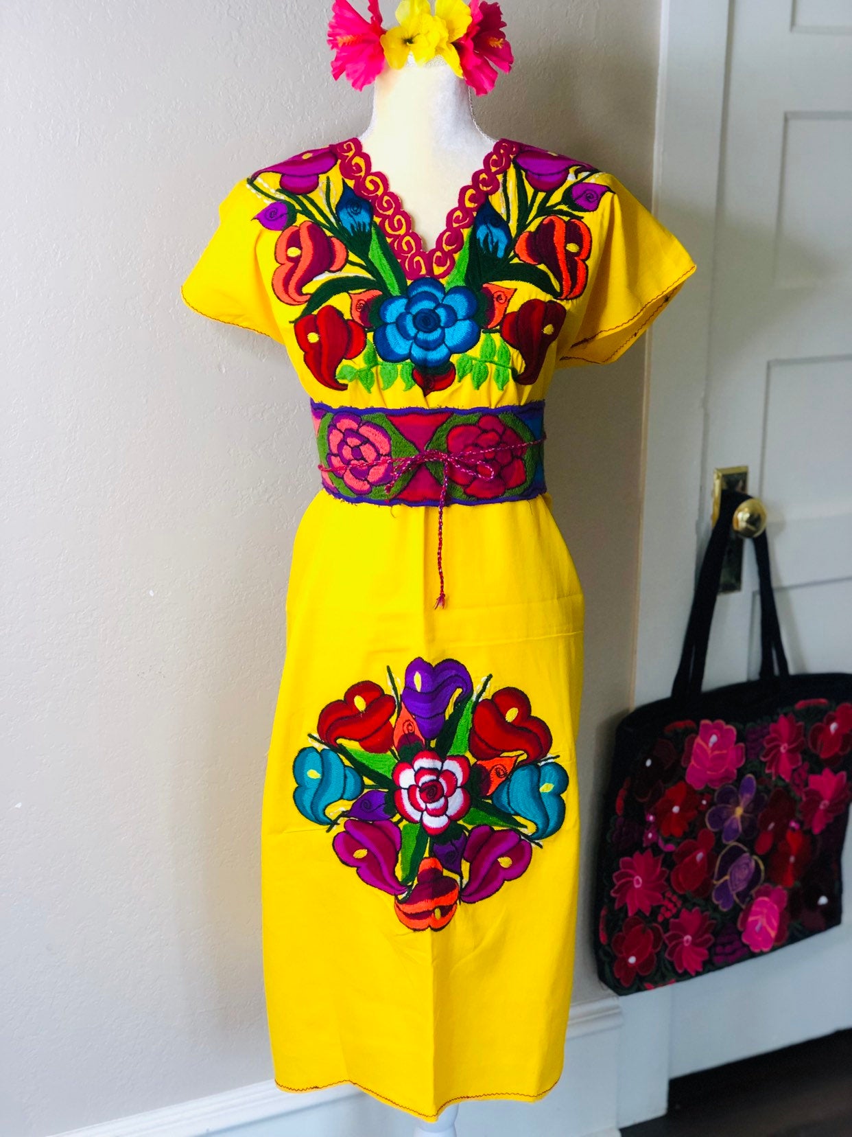 Mexican Floral Embroidered Dress- S-2x - Fiesta Floral Dress- Boho Frida style - Includes Floral Belt - Freeshipping