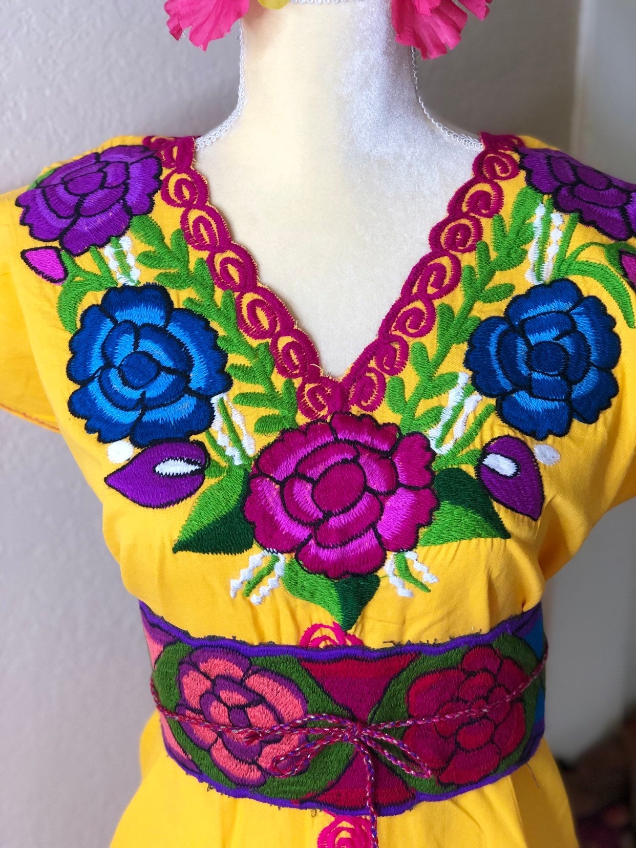 Mexican Floral Embroidered Dress- S-2x - Fiesta Floral Dress- Boho Frida style - Includes Floral Belt - Freeshipping