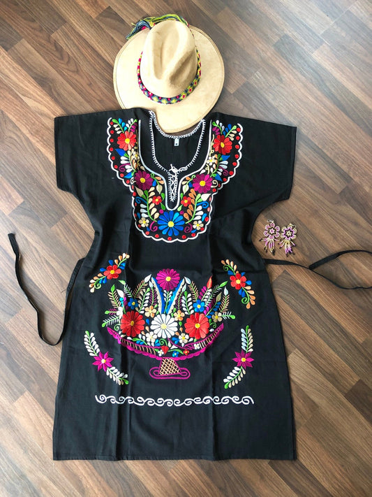 Mexican Kimono Dress- Embroidery Floral Dress- Fiesta Dress Small- Median