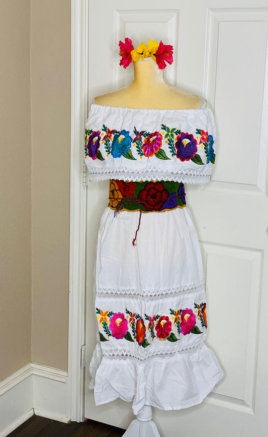 Mexican Dress- Fiesta Dress Embroidery- Median- large Floral Dress- Campesina Off the shoulders Dress- Embroidered Belt Included
