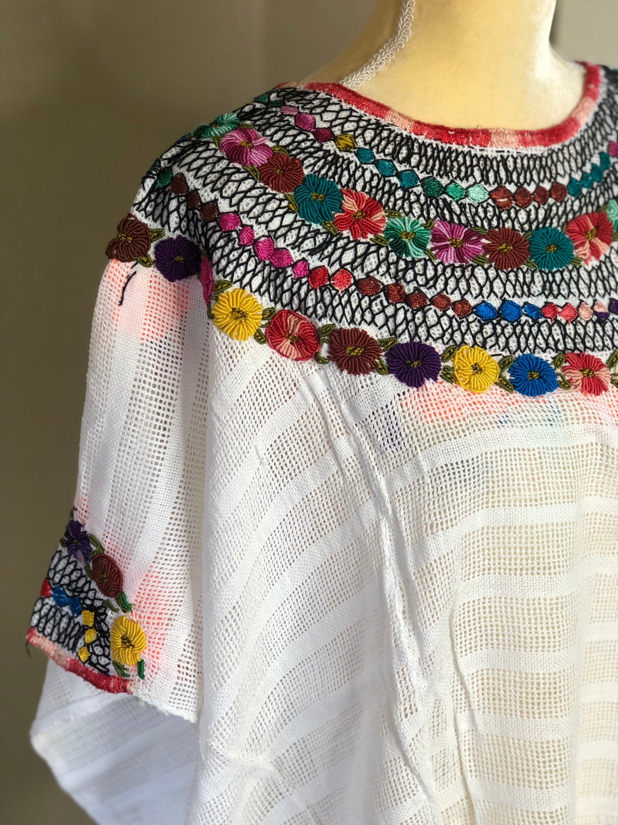 Handwoven Mexican Embroidery Huipil, Embroidered White Cape