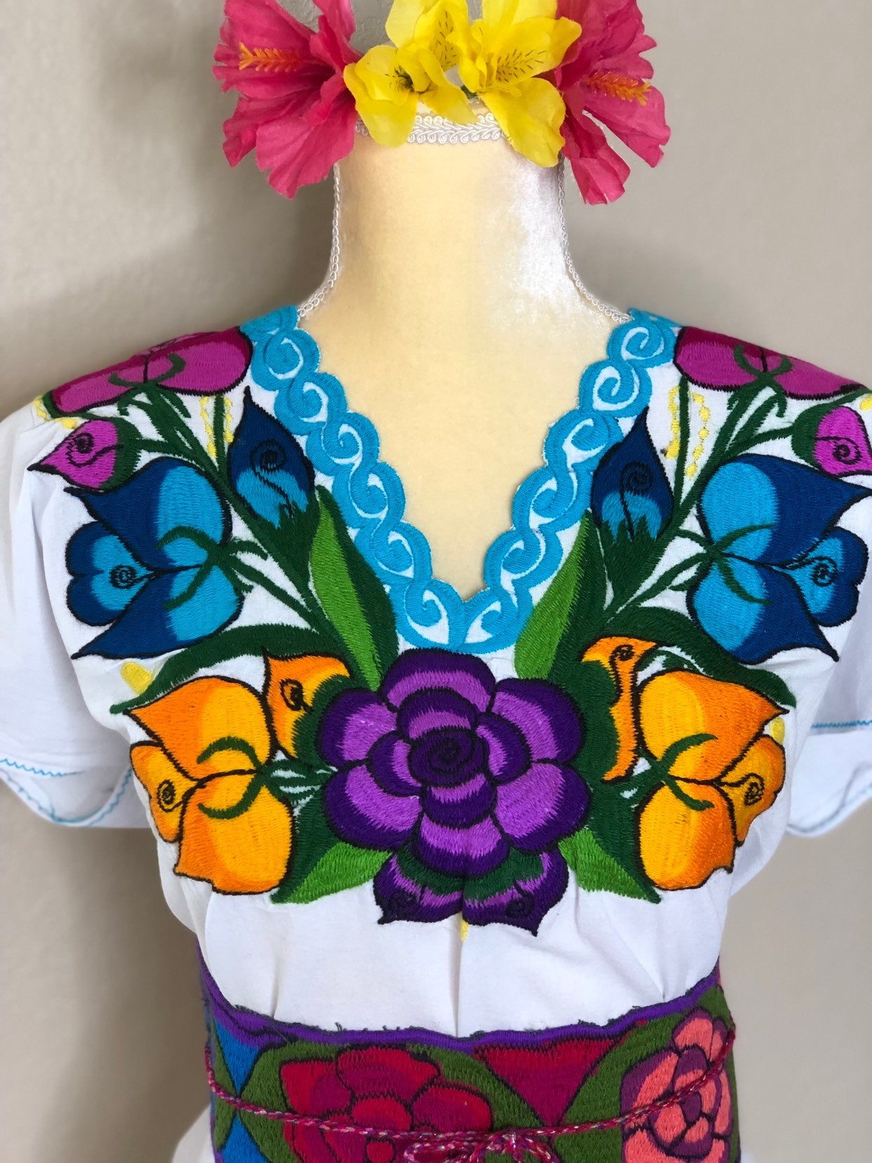 Mexican Floral Embroidered Dress- S-2x - Fiesta Floral Dress- Boho Frida style - Includes Floral Belt - Freeshipping