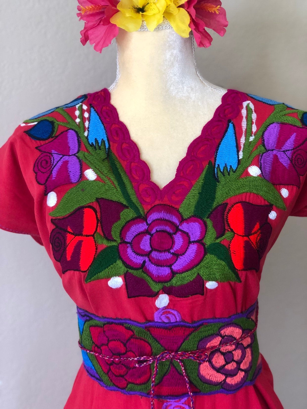 Mexican Floral Embroidered Dress- S-2x - Fiesta Floral Dress- Boho Frida style - Includes Floral Belt - Freeshipping