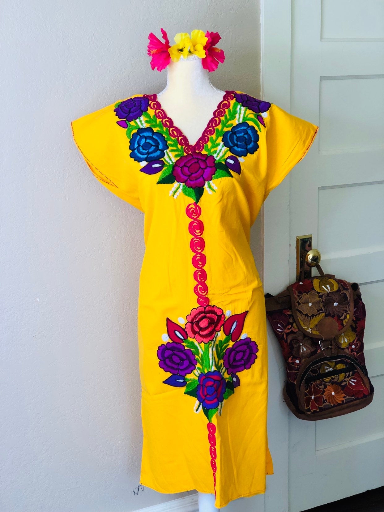 Mexican Floral Embroidered Dress- S-2x - Fiesta Floral Dress- Boho Frida style - Includes Floral Belt - Freeshipping