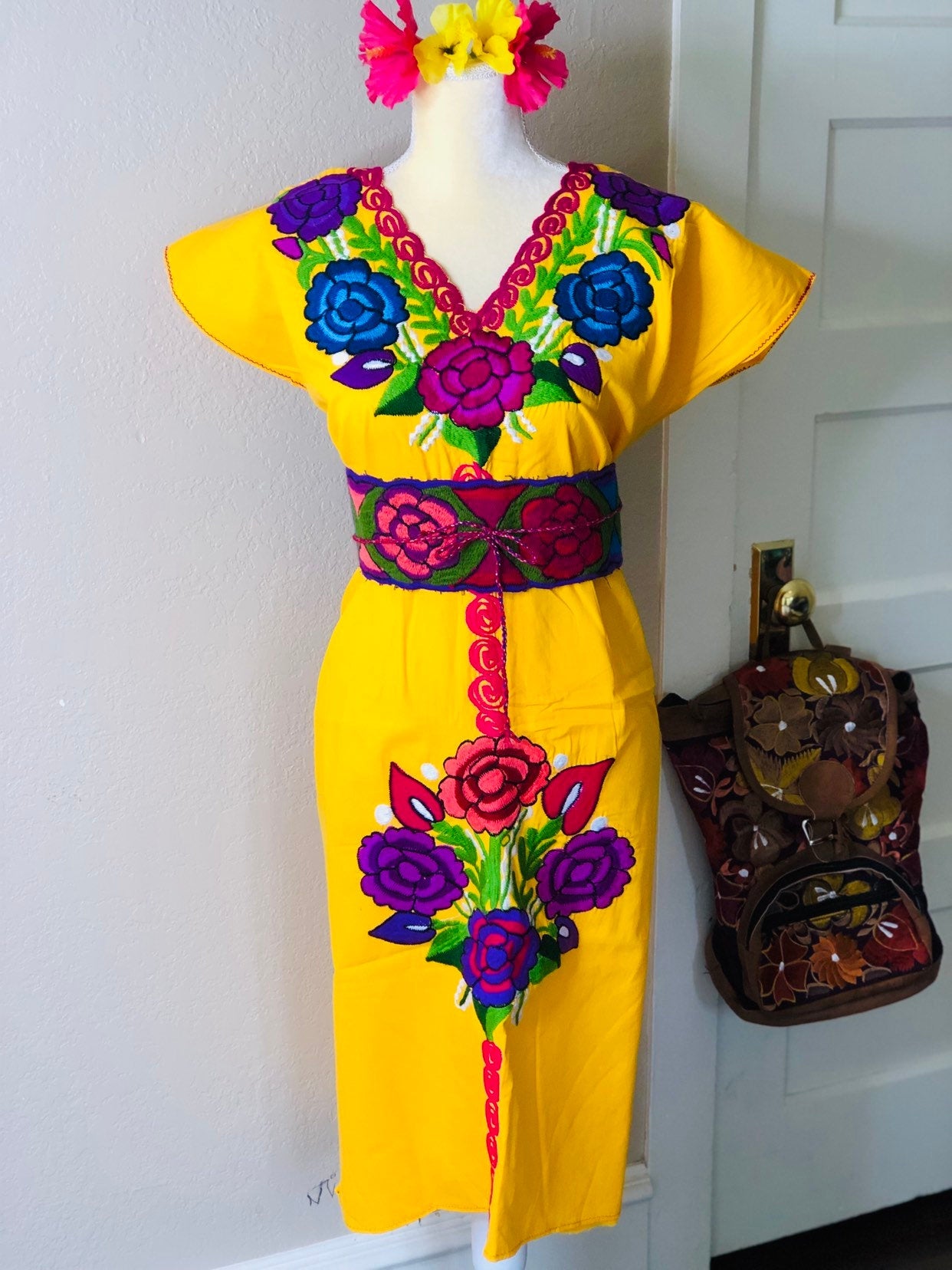 Mexican Floral Embroidered Dress- S-2x - Fiesta Floral Dress- Boho Frida style - Includes Floral Belt - Freeshipping